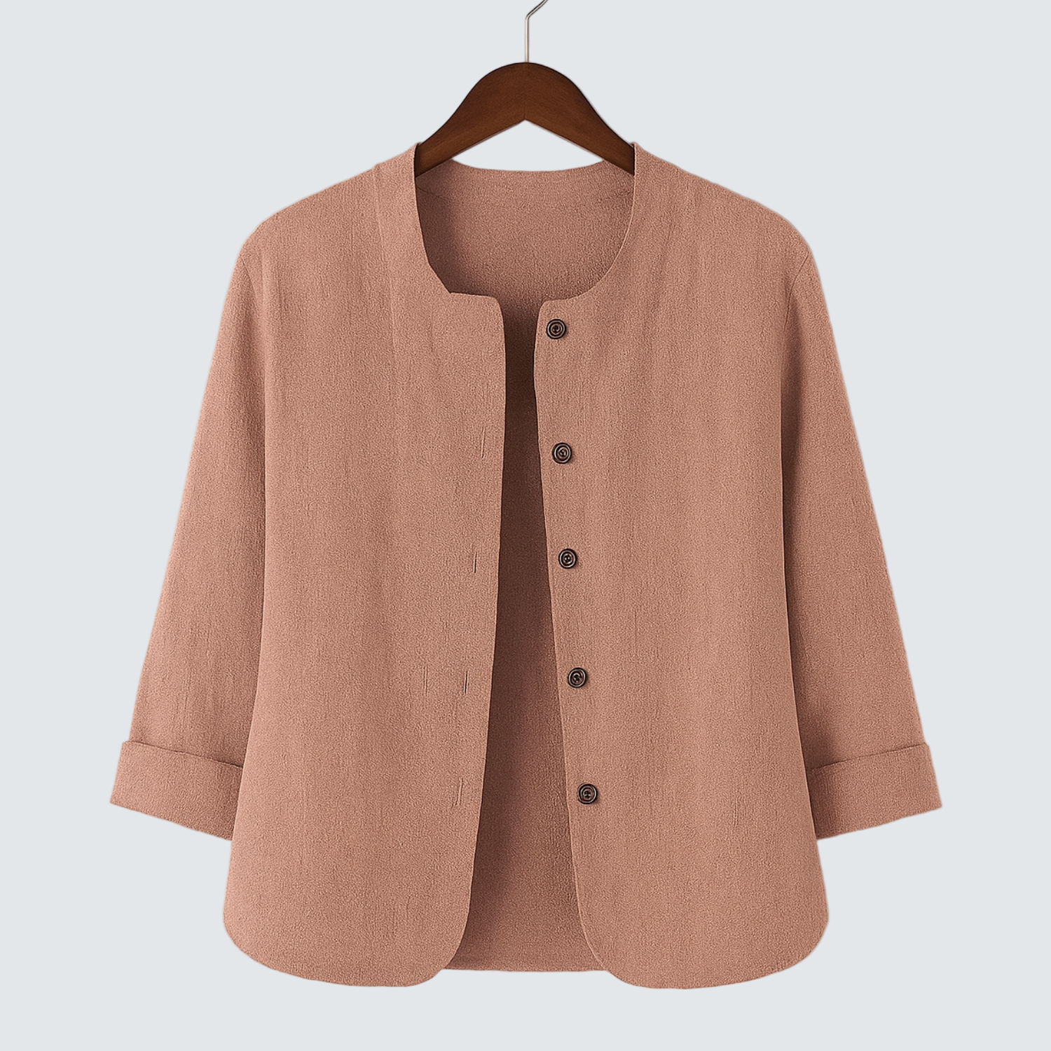 Warm pink button-front blazer with notch collar and 3/4 sleeves
