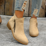 Beige orthopedic ankle boots with side zipper, ankle height, and block heel