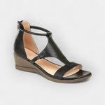 Black strappy comfort sandals with open toe, crisscross upper, and wedge sole