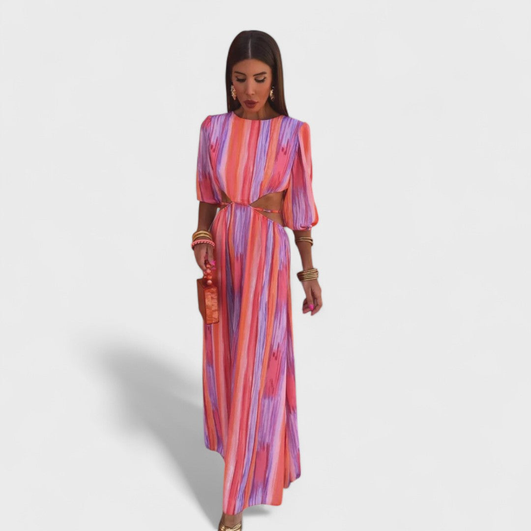 Striped maxi dress with V back cutout and tie waist, puff sleeves