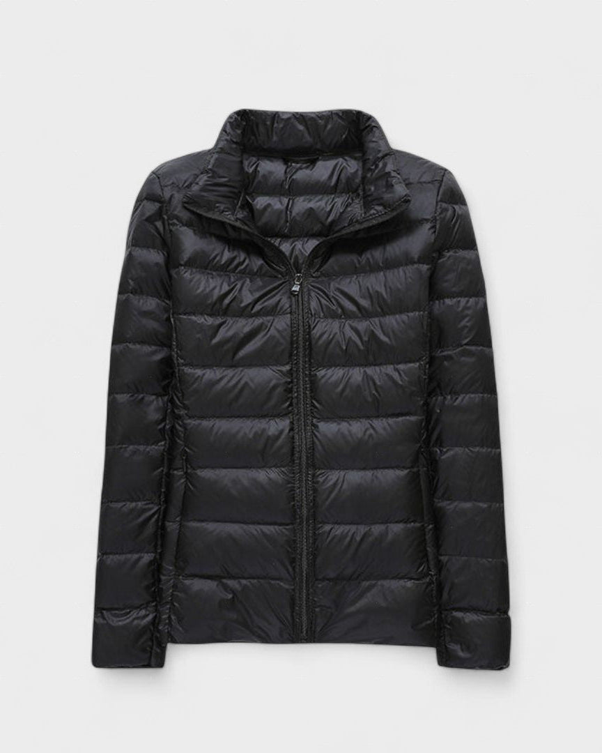 Black quilted puffer jacket with stand collar and zip-front