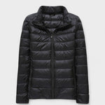 Black quilted puffer jacket with stand collar and zip-front