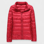 Red quilted puffer jacket with zip-front and stand collar