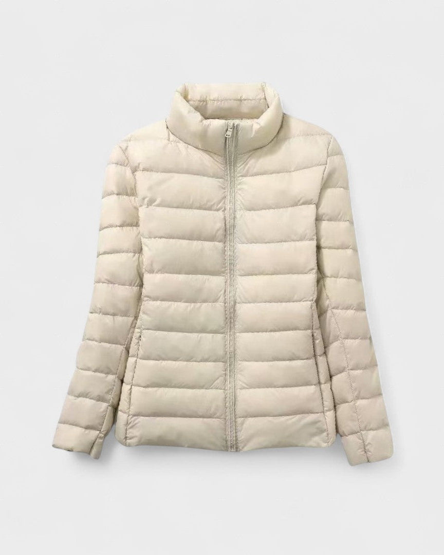 Beige quilted puffer jacket with zip-front and high collar