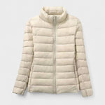 Beige quilted puffer jacket with zip-front and high collar
