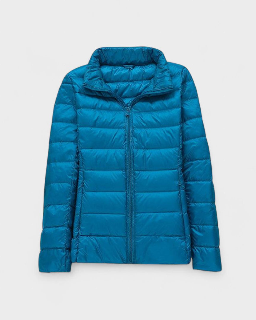 Blue quilted puffer jacket with zip-front and stand collar