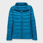 Blue quilted puffer jacket with zip-front and stand collar