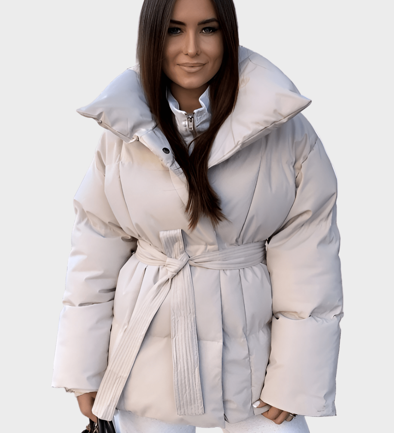 Pale beige oversized puffer jacket with hood and tie belt, snap buttons