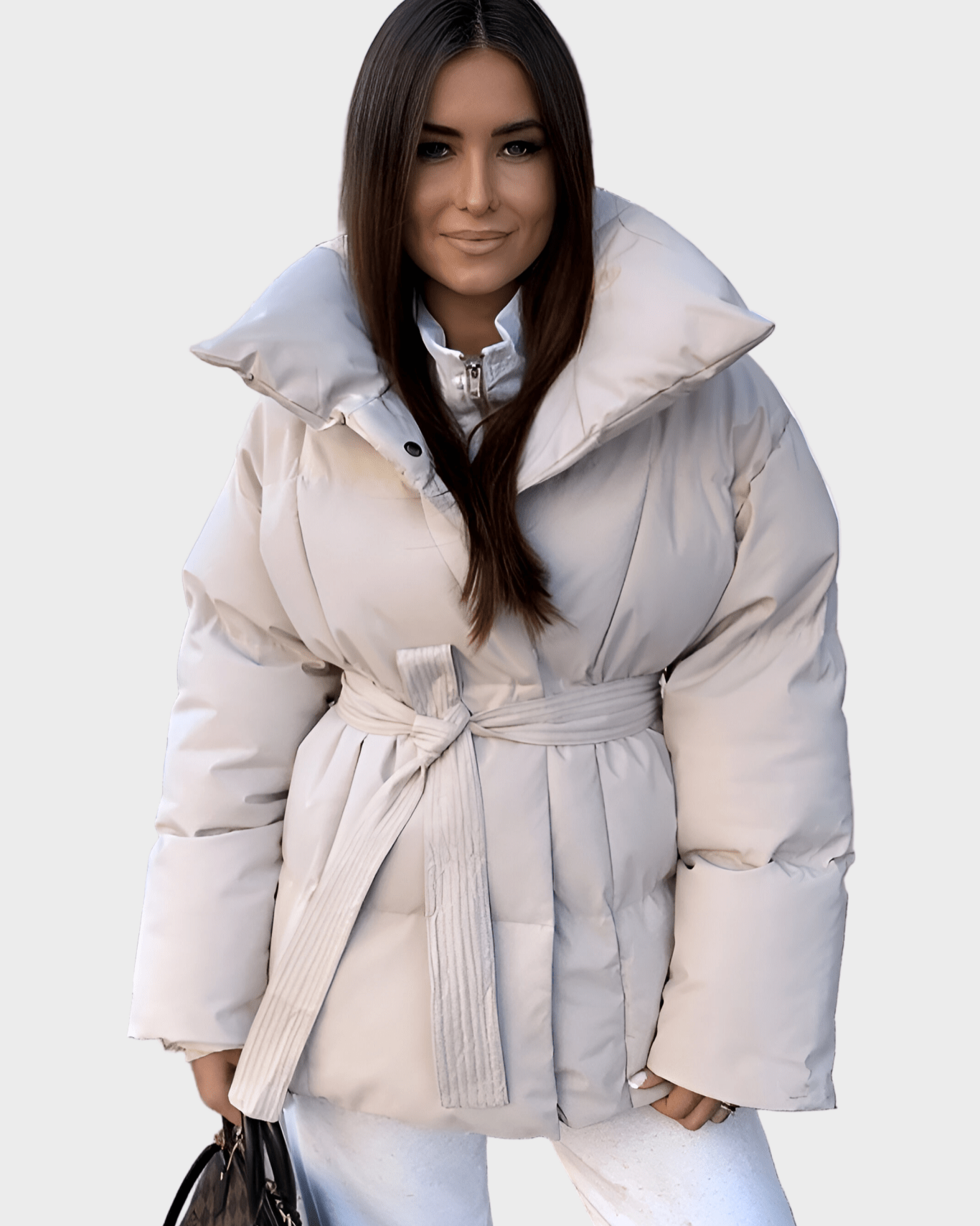 Pale beige oversized puffer jacket with hood and tie belt, snap buttons
