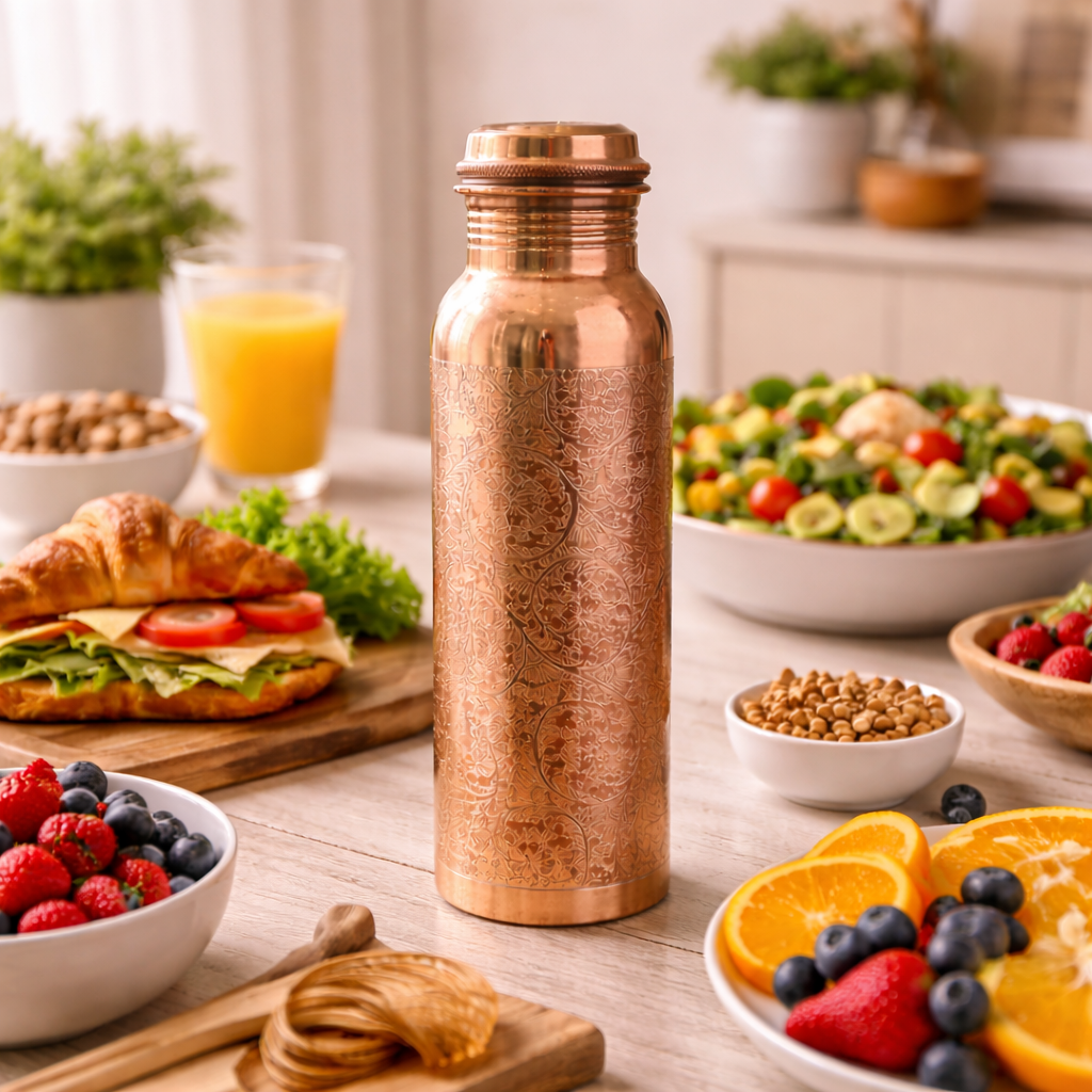 Doina Bucaresti 950 ml copper water bottle with ornate engraving and screw lid