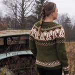 Back view of olive green Fair Isle sweater with white and red yoke and cuffs