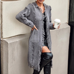Gray knit cardigan with fringe tassels, open front, long sleeves, patch pockets