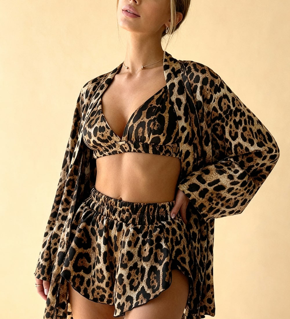 Leopard-print pajama set: V-neck bra top, elastic shorts, and kimono robe