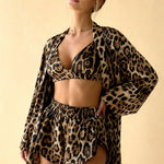 Leopard-print pajama set: V-neck bra top, elastic shorts, and kimono robe
