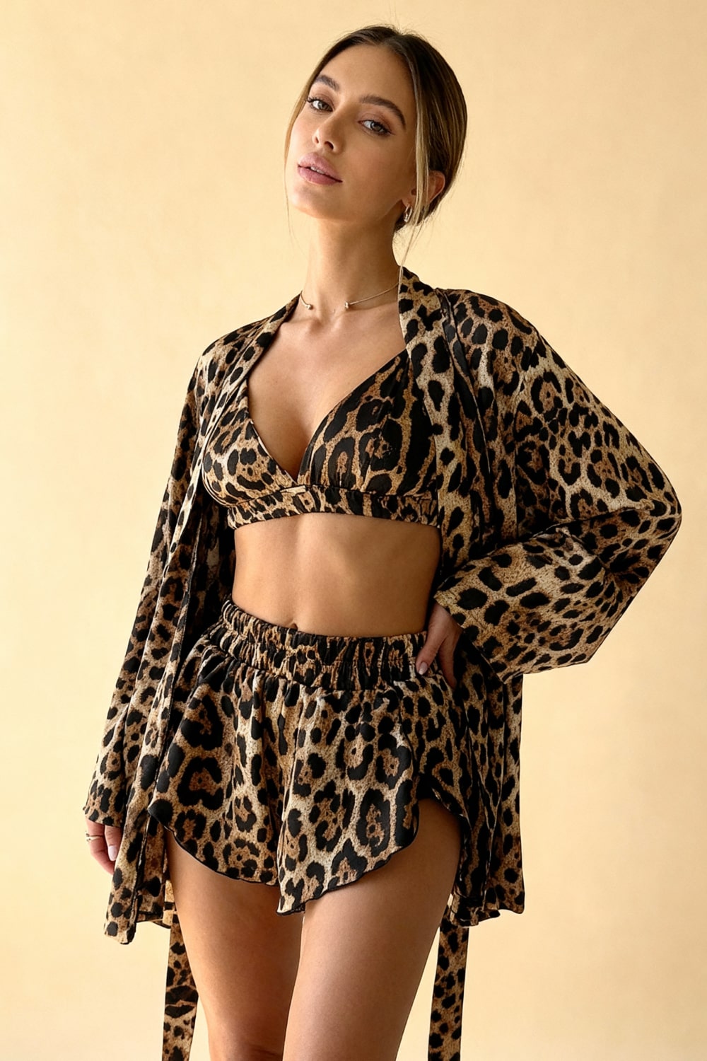 Leopard-print pajama set: V-neck bra top, elastic shorts, and kimono robe