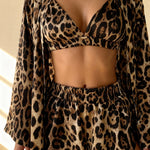 Leopard-print pajama bra top and elastic waist shorts with open kimono robe