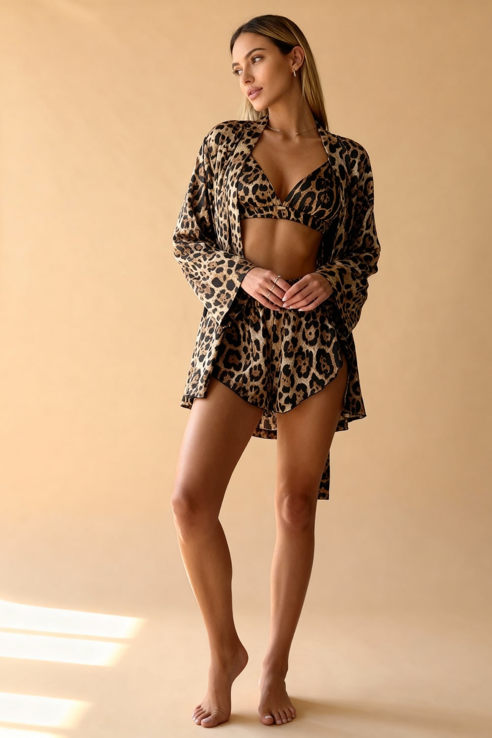 Leopard-print pajama set with kimono robe, V-neck bra top, and elastic shorts