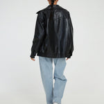 Florence black leather jacket, back view with stand collar and zip closure