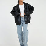 Florence black leather jacket with stand collar, zip front, and side pockets