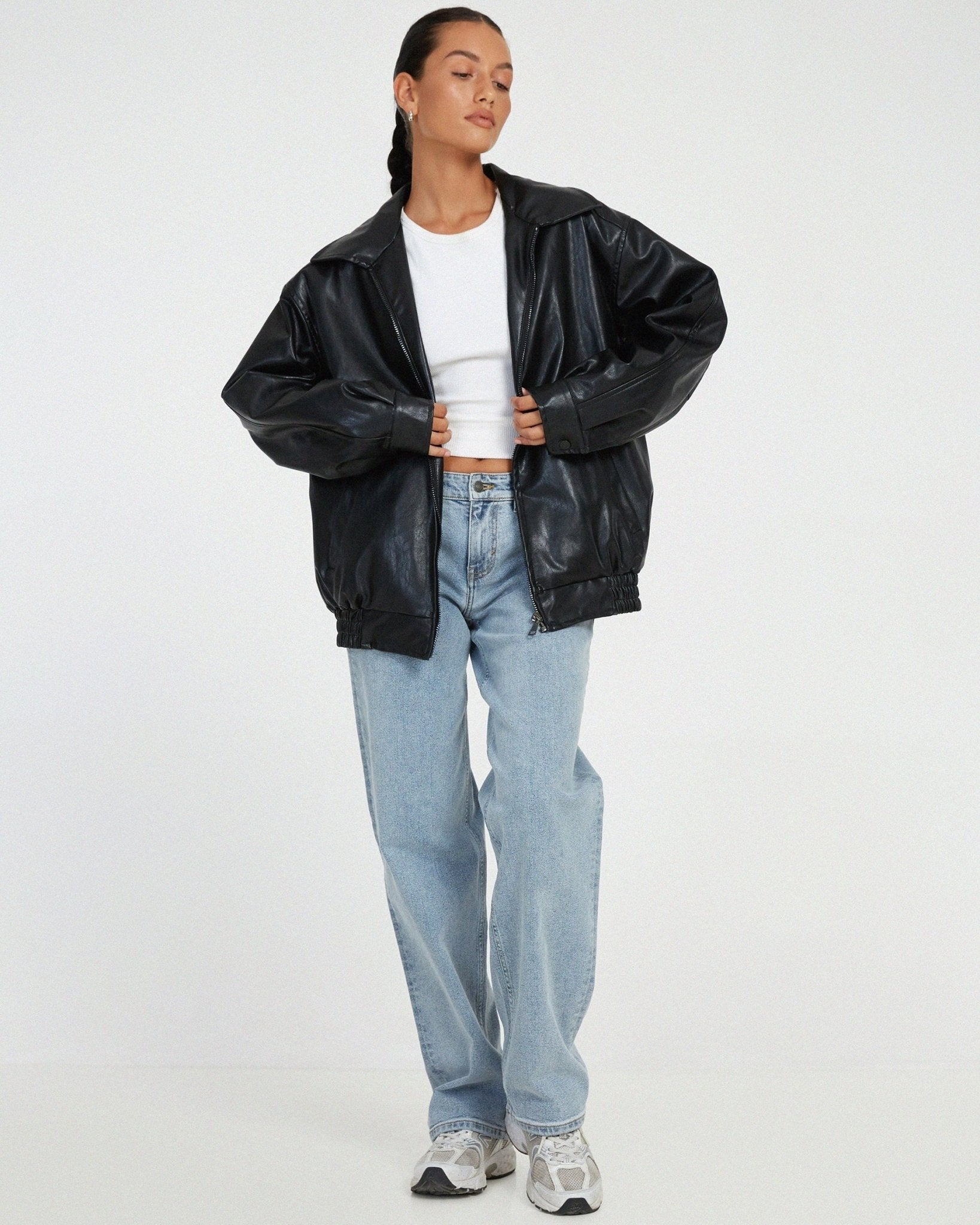 Florence black leather jacket with stand collar, zip front, and side pockets