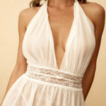 White sheer halter babydoll nightgown with deep V front and lace waist trim