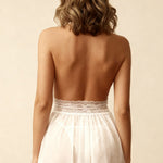 White sheer babydoll nightgown with lace back band and gathered short hem
