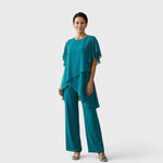 Teal chiffon elegant top and wide-leg pants set with draped cape sleeves