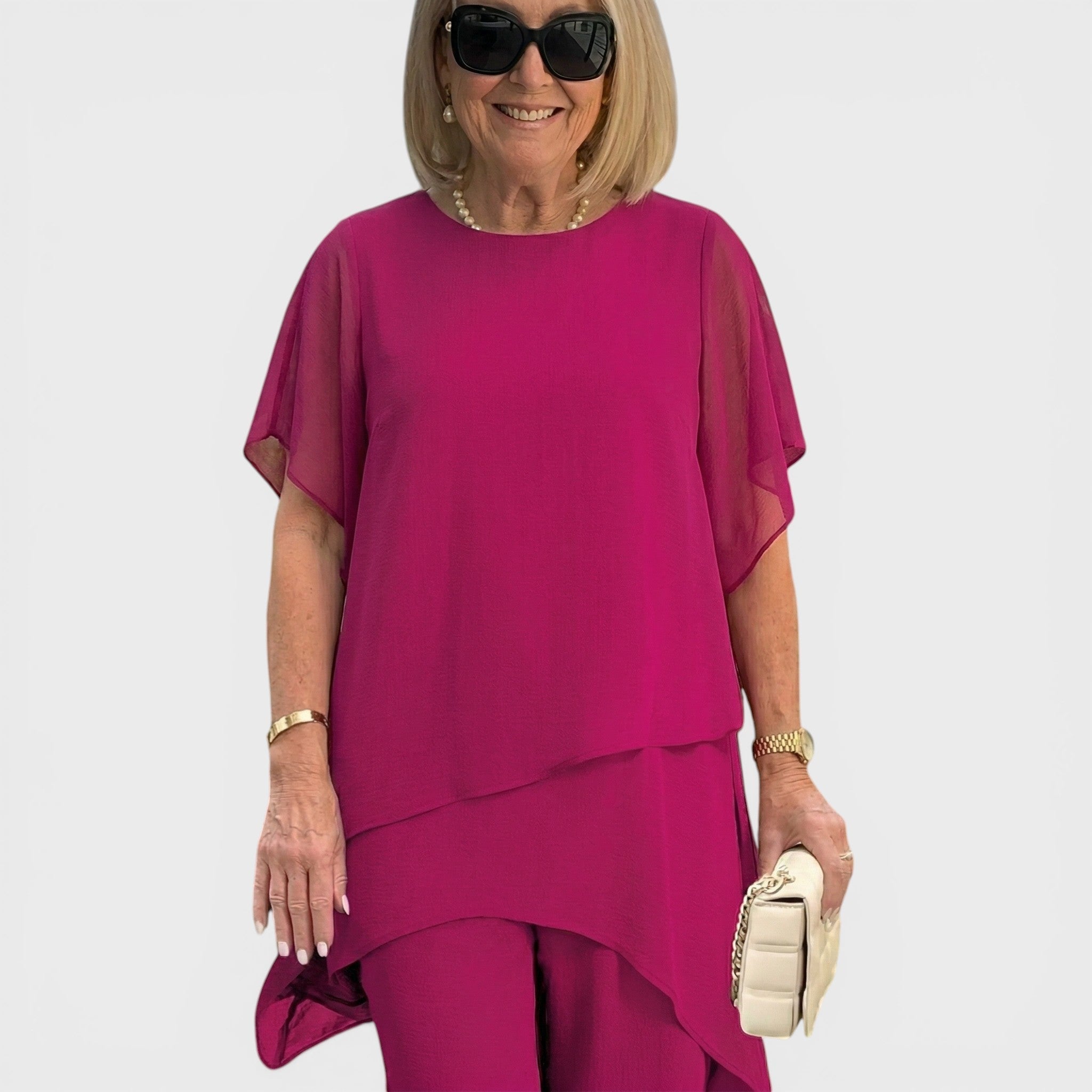Fuchsia chiffon elegant top and wide-leg pants set with layered design