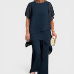 Navy chiffon elegant top and wide-leg pants set with layered drape