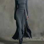 Naomie maxi dress with silk knot, long sleeves, draped waist, dark gray