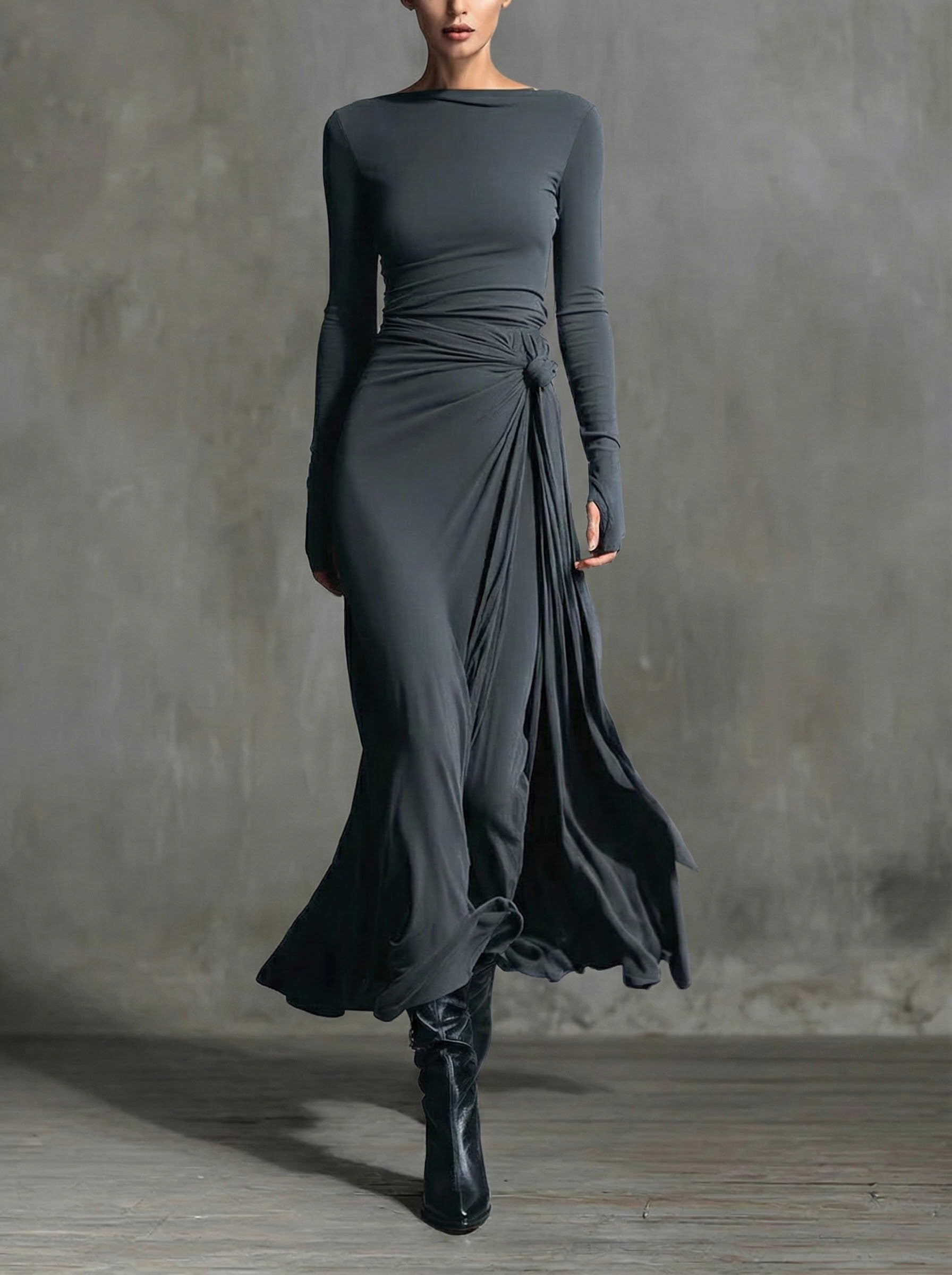 Naomie maxi dress with silk knot, long sleeves, draped waist, dark gray