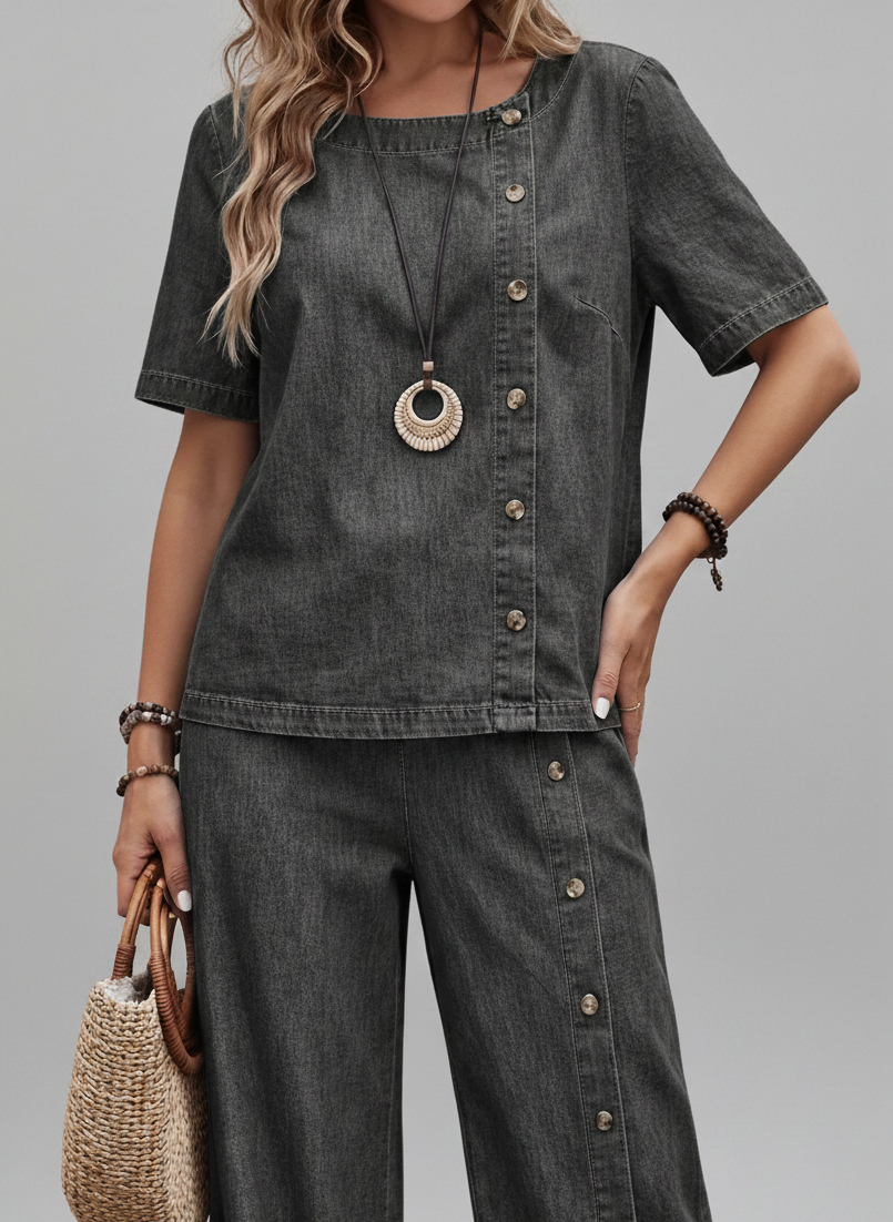Dark gray denim two-piece set close-up: button-front top with matching wide-leg pants
