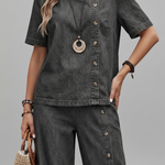 Dark gray denim two-piece set close-up: button-front top with matching wide-leg pants