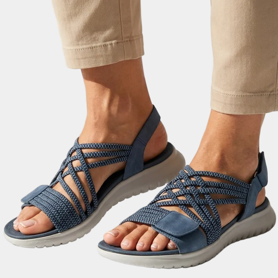 Kassandra orthopedic comfort sandals, blue woven straps with gray sole and ankle pull tab