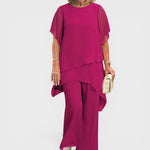 Fuchsia chiffon elegant top and wide-leg pants set with draped panel