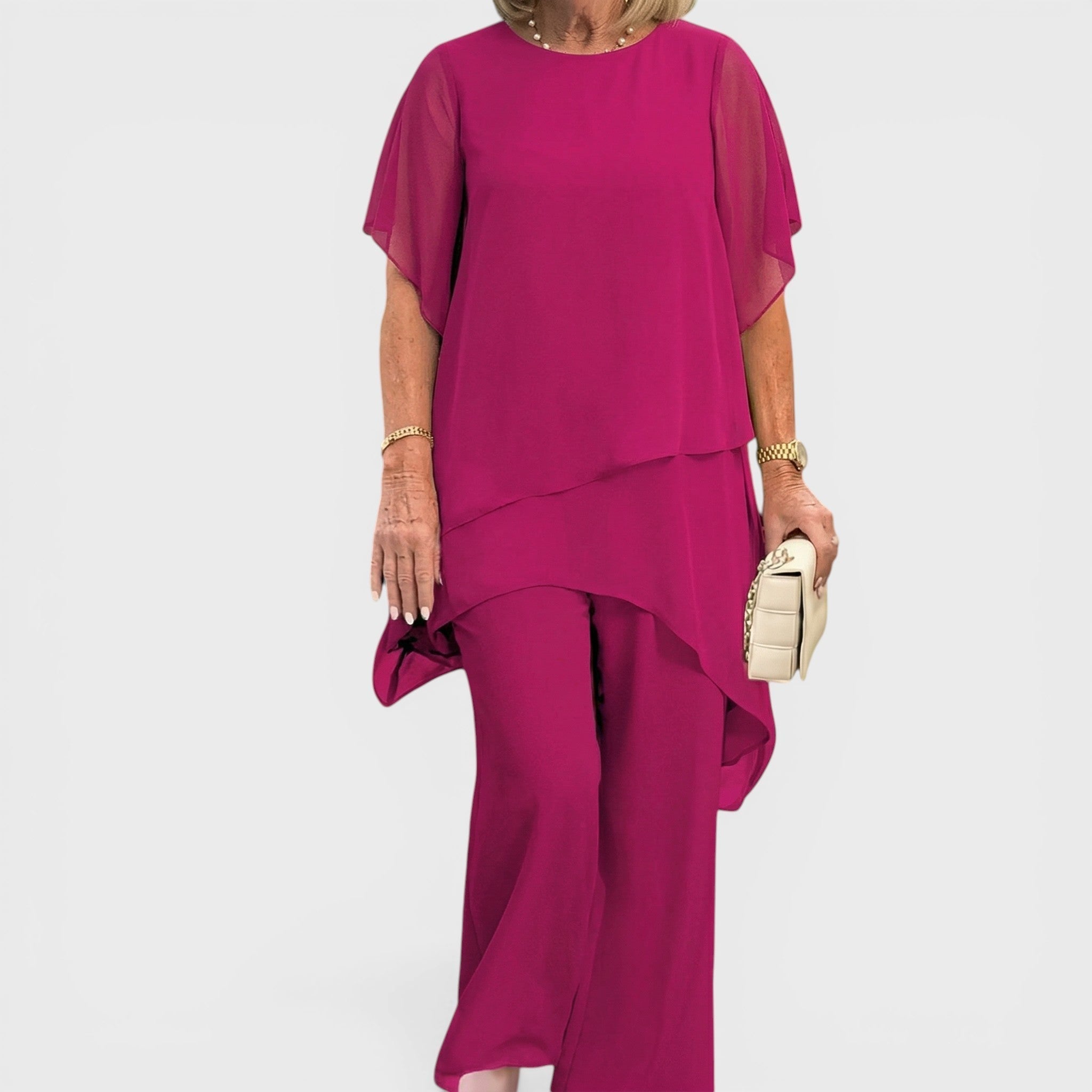 Fuchsia chiffon elegant top and wide-leg pants set with draped panel