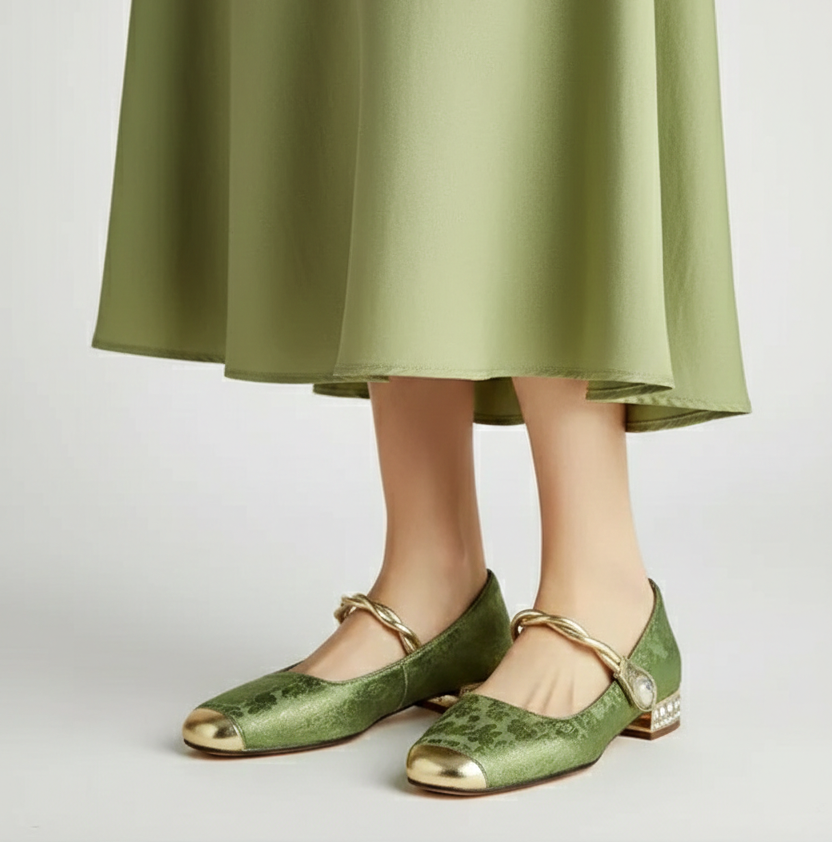 Women’s green satin ballet flats with Mary Jane strap and low jeweled block heel.