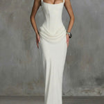 White maxi dress with square neckline and draped waist detail