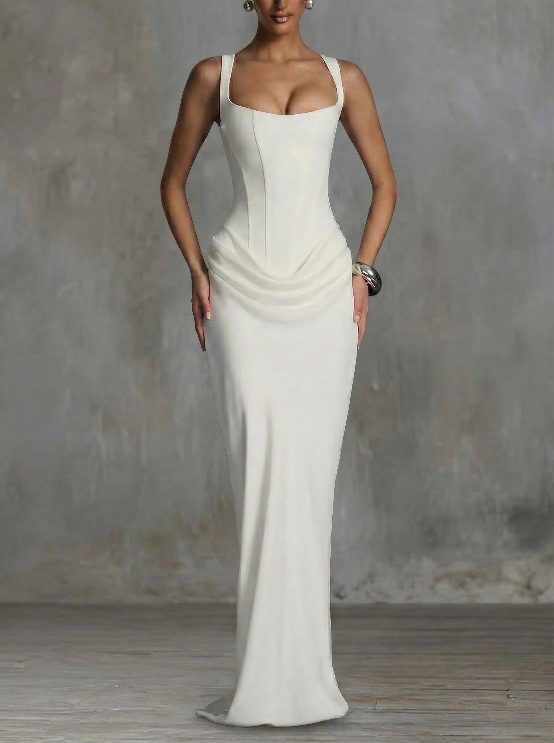 White maxi dress with square neckline and draped waist detail