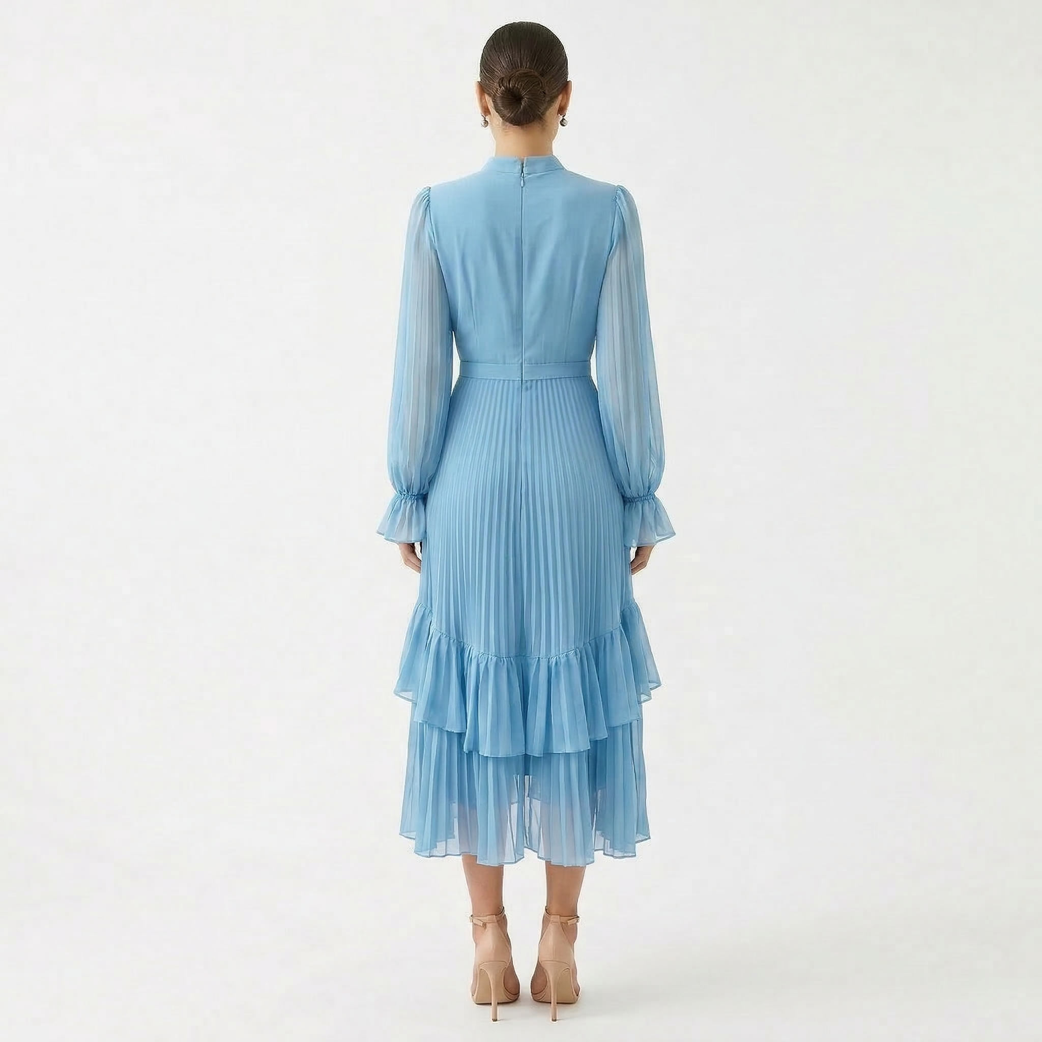 Felicia pleated midi dress with wide sleeves, tiered ruffle skirt, light blue back view