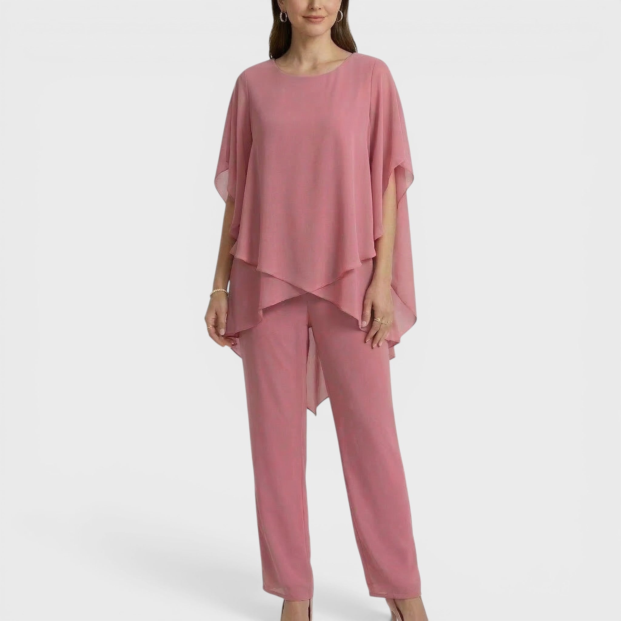 Light pink chiffon elegant top and wide-leg pants set with layered sleeves