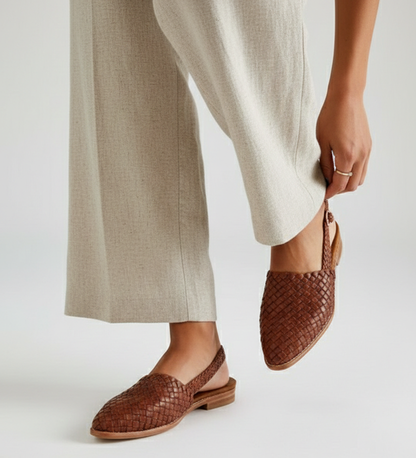 Brown woven summer loafers with low sole and V-cut topline strap
