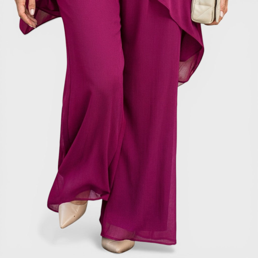 Fuchsia chiffon wide-leg pants with flowing draped overlay