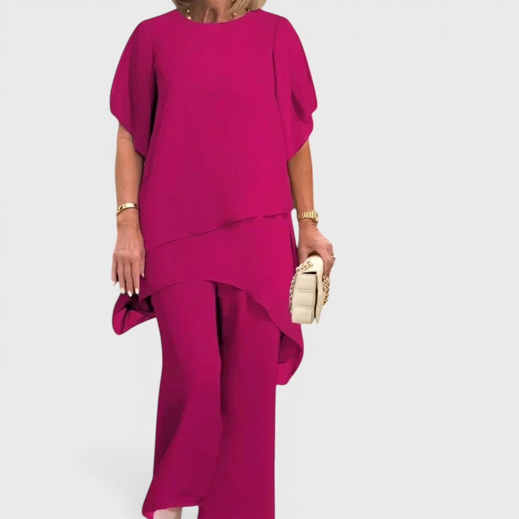 Fuchsia chiffon elegant top and wide-leg pants set with asymmetrical layers