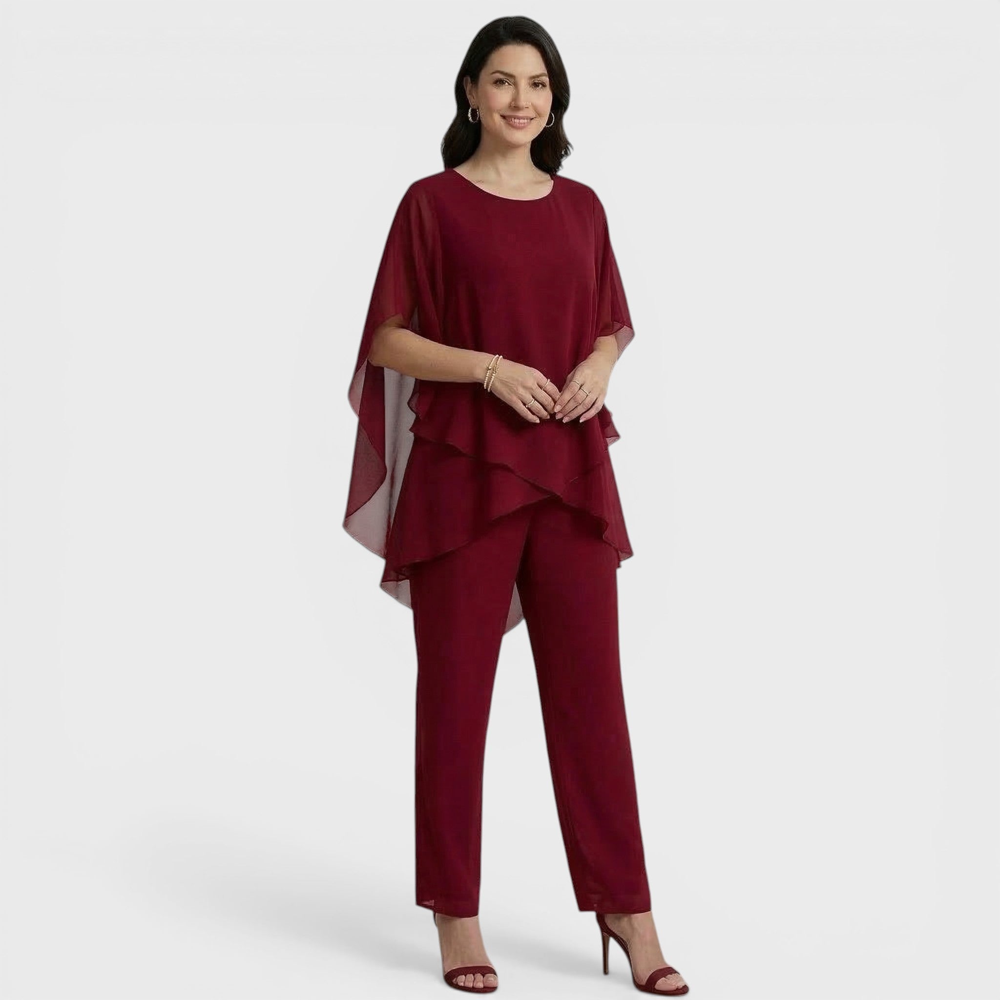 Burgundy chiffon elegant top and wide-leg pants set with asymmetrical hem