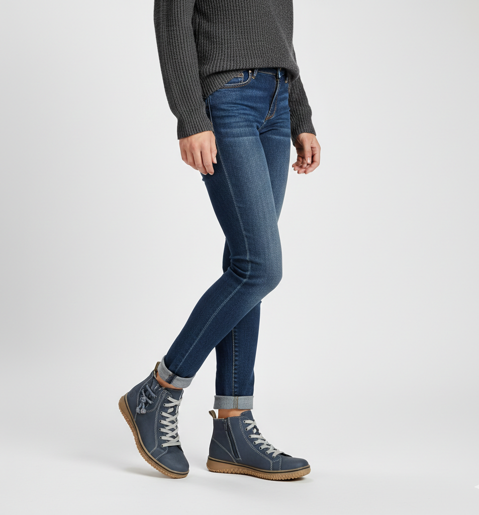 Nima women’s orthopedic winter footwear, navy blue high-top sneakers with lace-up front