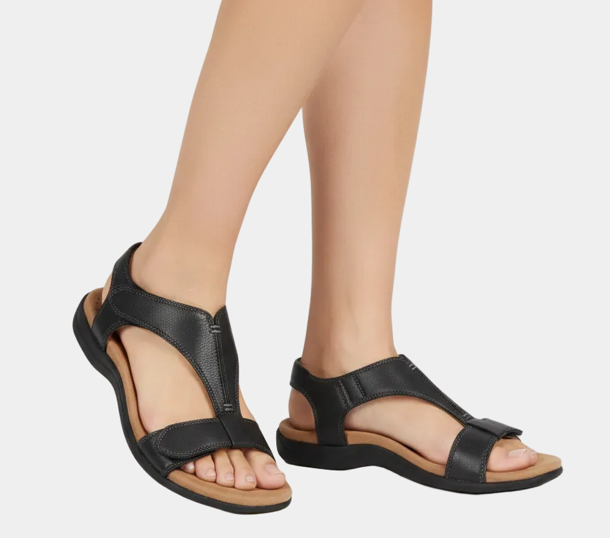 Black orthopedic sandals with two strap uppers and open toe, cushioned sole