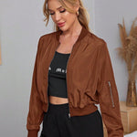 Cocoa brown short bomber jacket with front zipper and utility pocket