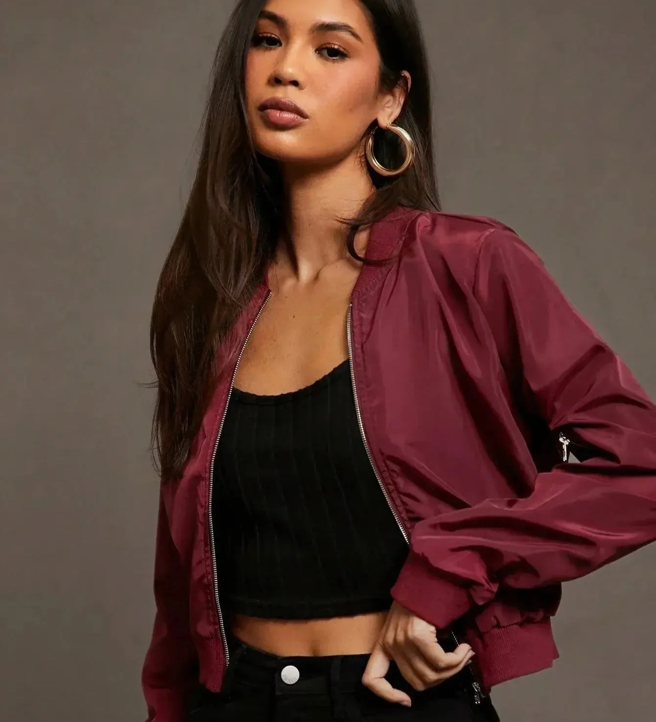 Burgundy cropped bomber jacket with front zipper and gathered sleeves