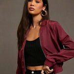 Burgundy cropped bomber jacket with front zipper and gathered sleeves